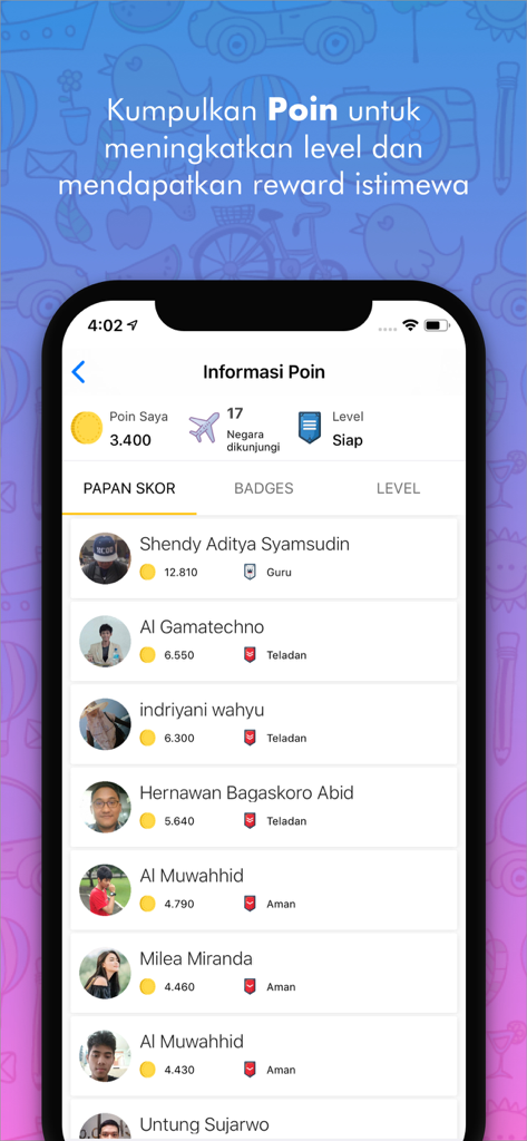 Safe Travel - Pantalla de la aplicación Safe Travel que muestra puntos de usuario y una tabla de clasificación con clasificaciones y insignias.