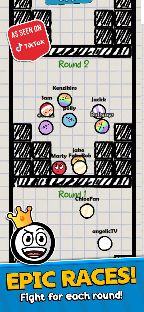 Ball Guys : Stumble & Fall - Capture d'écran d'un jeu mobile Ball Guys montrant plusieurs courses basées sur des tours avec des personnages sphériques et des graphismes dessinés à la main.