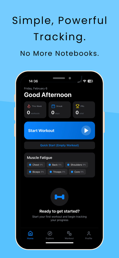Repzy – Gym Workout Tracker - Repzy gym workout tracker home screen showing muscle fatigue stats and a start workout button in dark mode.