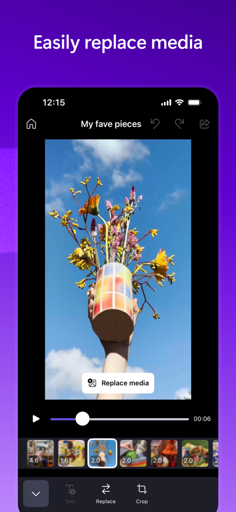 Screenshot of Microsoft Clipchamp app showing the easily replace media feature with a video of flowers in a vase.