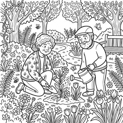 Immerse yourself in the tranquility of nature with this charming coloring page. It features an elderly couple tenderly caring for their vibrant garden, surrounded by lush flora and fauna.