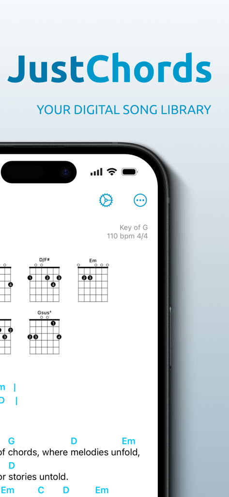 JustChords - JustChords mobile app interface showing guitar chords and lyrics