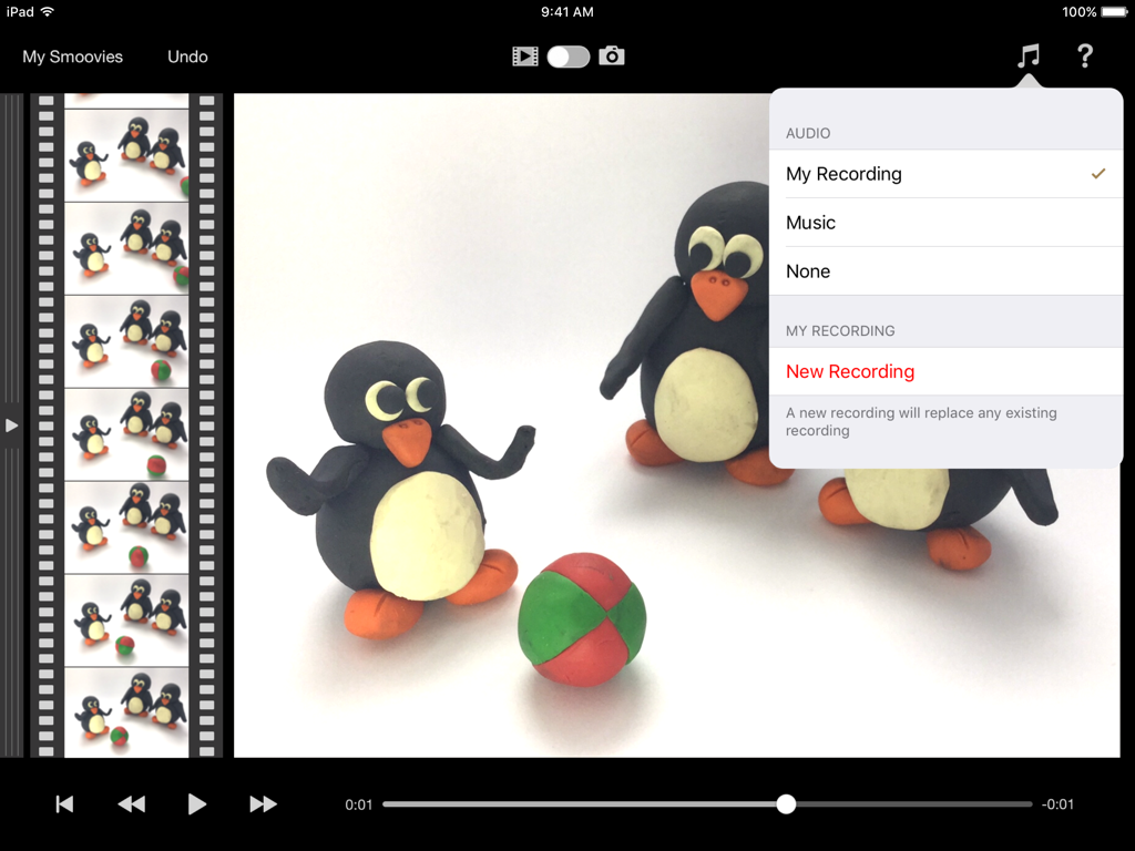 Smoovie Stop Motion app interface showing clay penguins and audio recording options