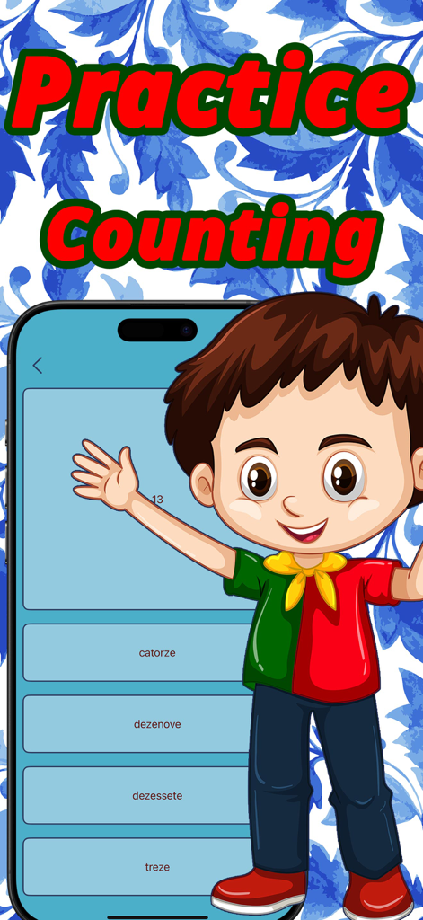 ポルトガル語の数字識別クイズが表示されたスマートフォンで、漫画の男の子が横に立っている。