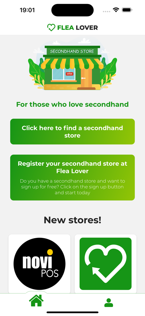 Flea Lover - Flea Lover mobile app home screen with options to find or register secondhand stores