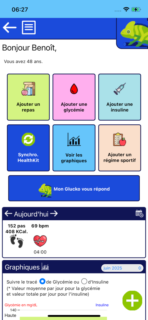 Mon Glucko - Diabète - Tela inicial do aplicativo Mon Glucko mostrando botões para registrar açúcar no sangue, insulina e refeições com integração HealthKit