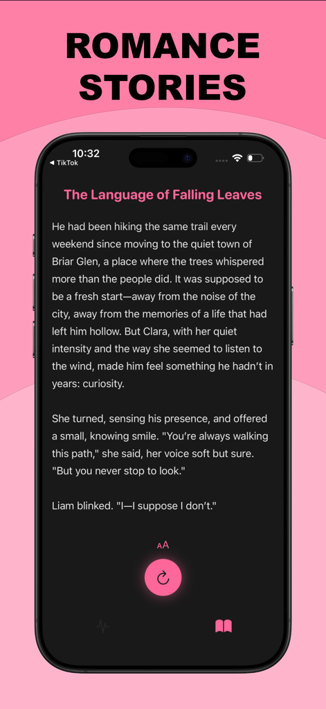 Vibrate Phone • Spicy - Interface of the Vibrate Phone Spicy app showing a romance story titled The Language of Falling Leaves