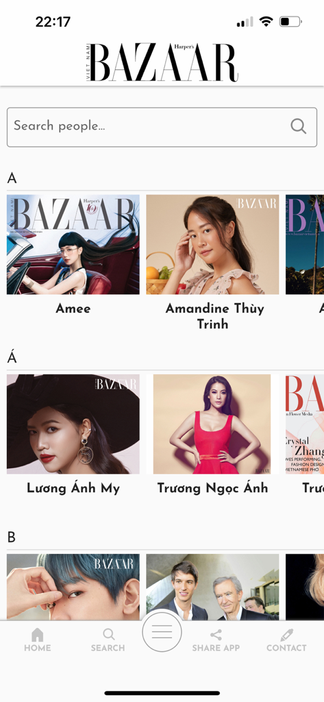 Harper's Bazaar VN - A screenshot of the search people interface in the Harpers Bazaar VN app showing a directory of fashion icons and celebrities