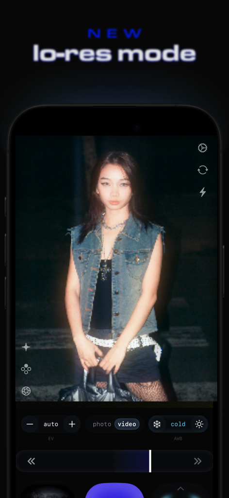 CoreCam - Interface of the CoreCam app showing a low-resolution vintage digital camera effect on a portrait photo of a woman in Y2K fashion