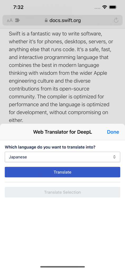 Web Translator for DeepL - Estensione Safari Web Translator per DeepL che mostra le opzioni di traduzione di pagine web in giapponese su iOS