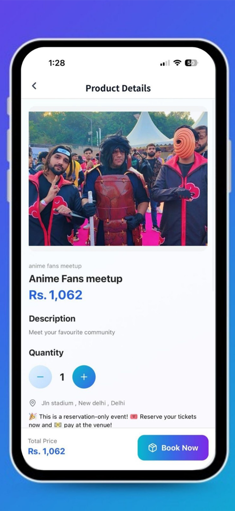 Ota Life - Captura de pantalla de la app Ota Life mostrando una página de reserva de eventos de encuentro de fans de anime con cosplayers vestidos de Naruto.