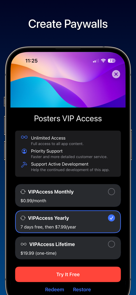 FreemiumKit: In-App Purchases - UI di paywall iOS personalizzabile che mostra le opzioni di acquisto mensile, annuale e a vita