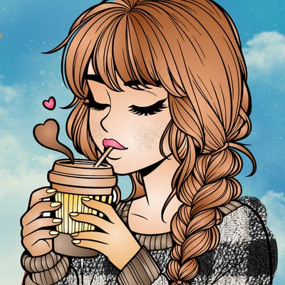 realistic girl drinking coffee