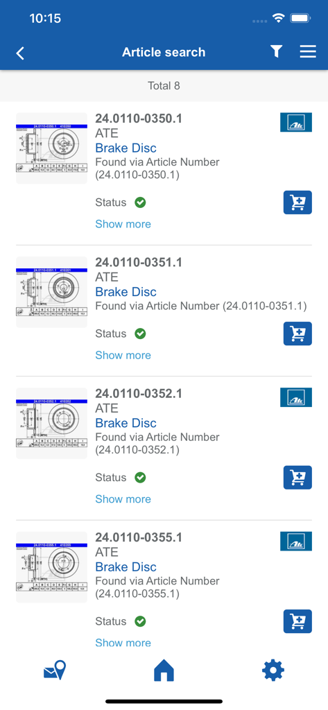 ATE Catalogue - Suchergebnisse für Bremsscheiben in der ATE Katalog-Mobil-App mit Artikelnummern und technischen Diagrammen
