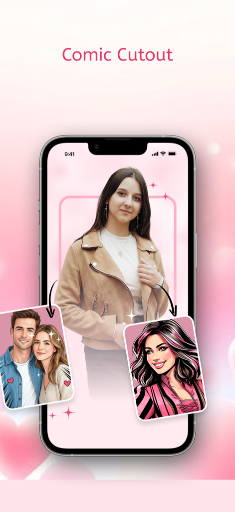 AI Caricature Maker : Photo AI - Interface do aplicativo AI Caricature Maker mostrando o recurso Comic Cutout com transformações de fotos em estilo de quadrinhos.