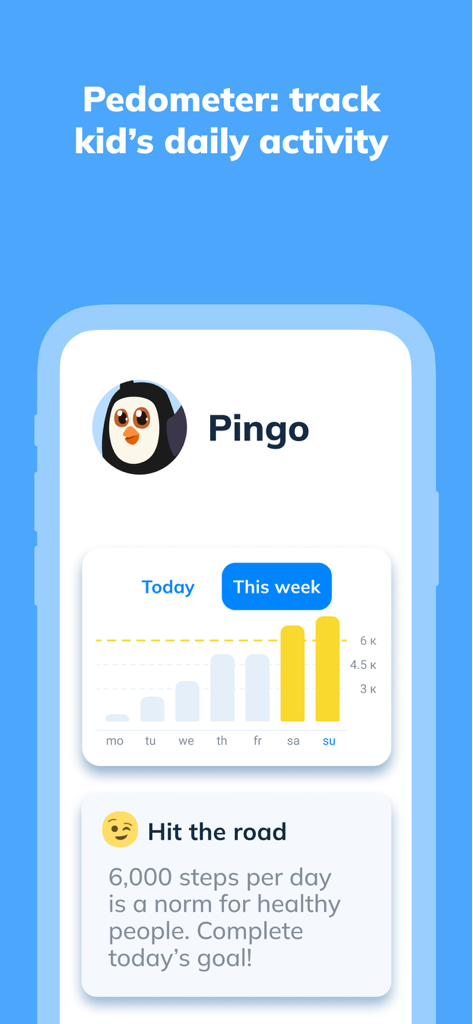 Pingo by Findmykids - Interfaz de la aplicación Pingo mostrando un gráfico podómetro que rastrea el recuento de pasos semanales de un niño y los objetivos de actividad