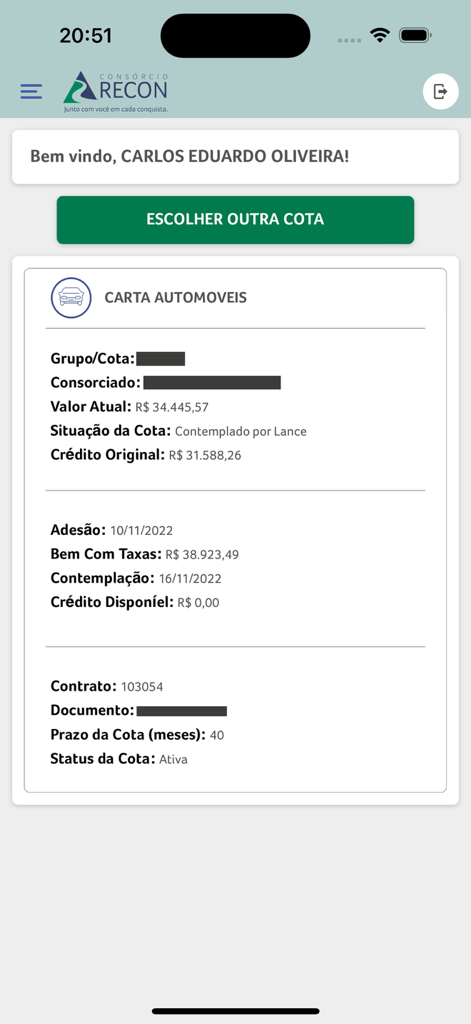 Meu Consórcio Recon - Dashboard of the Meu Consorcio Recon app displaying details for an automobile consortium share.