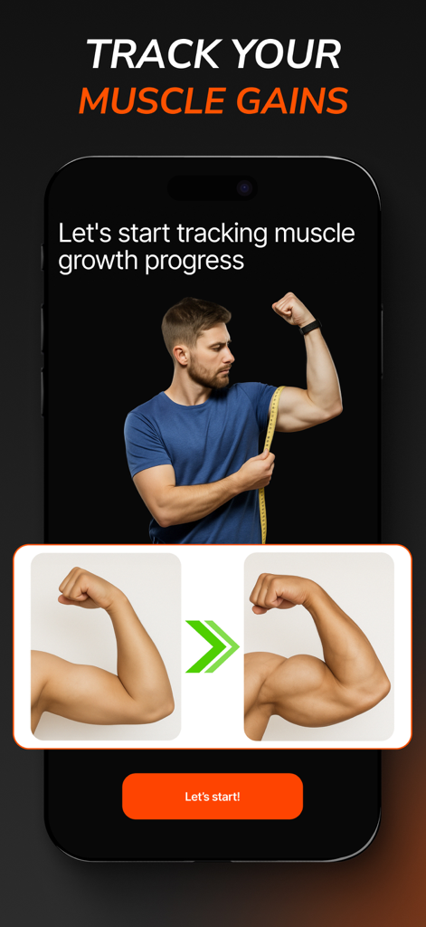 ChAthlete・AI Fitness Coach App - Una schermata di un'app mobile per ChAthlete AI Fitness Coach che mostra il monitoraggio della crescita muscolare e un confronto prima e dopo un bicipite.