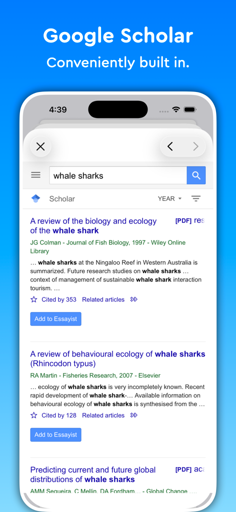 Screenshot of Essayist app displaying its built-in Google Scholar search tool for academic research