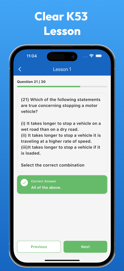 A practice question screen in the K53 South Africa 2026 app showing a correct answer for a driving license test