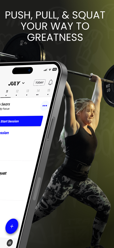TrainHeroic: Strength Training - Una donna che esegue un sollevamento sopra la testa con bilanciere accanto all'interfaccia del programma di allenamento dell'app TrainHeroic.