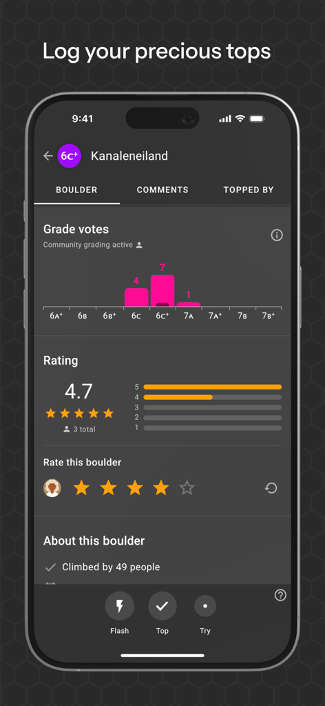 TopLogger - TopLogger app screen for logging a boulder climb with community grade votes and ratings
