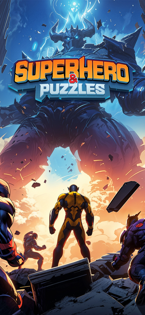 Superhero & Puzzles Match3 RPG - Pantalla de inicio del juego Superhero and Puzzles con héroes enfrentándose a un villano robótico gigante