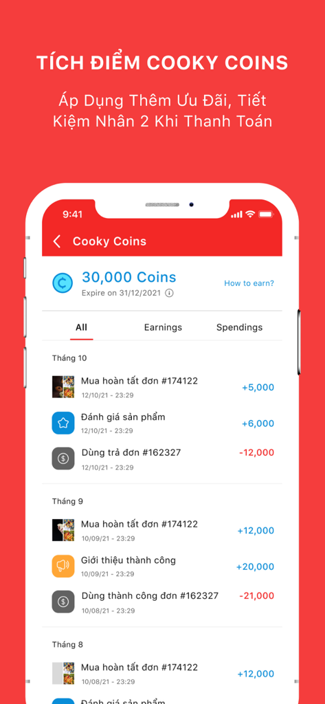 Cooky - Cho Bữa Ăn Tiện Lợi - Cooky app loyalty program screen displaying coin balance and transaction history
