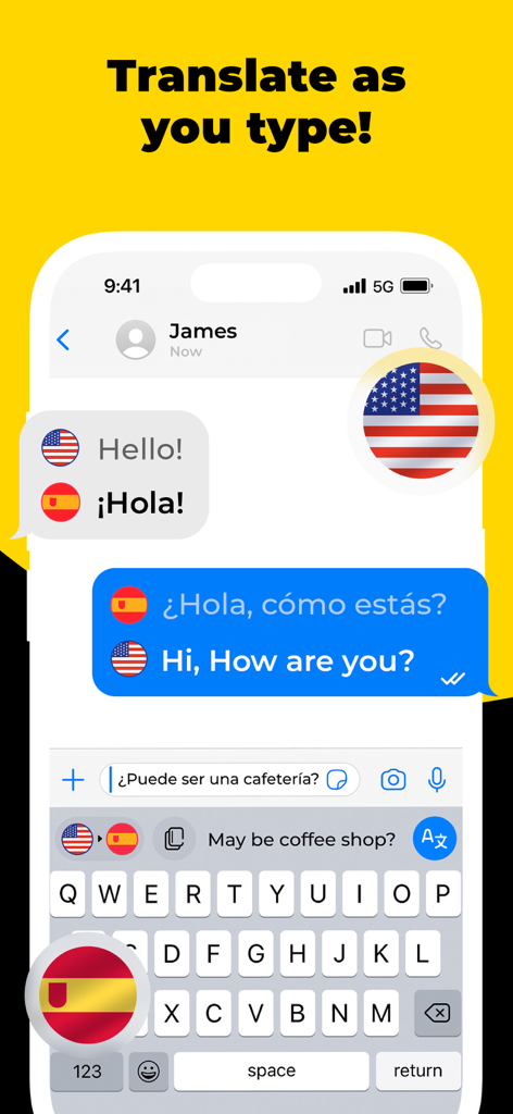 TypeOn: Ai Keyboard Translator - TypeOn AI keyboard interface showing real-time chat translation between English and Spanish