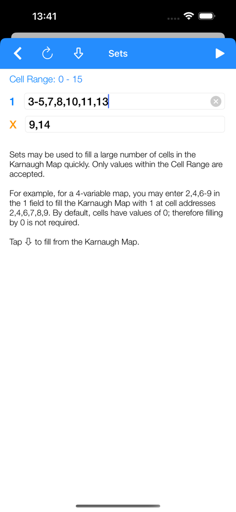 Pantalla de entrada de conjuntos del minimizador Karnaugh para ingresar valores binarios y condiciones "no importa"