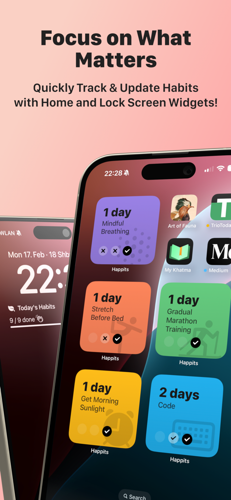 Happits: Local AI Habits - Happits app showcasing interactive habit tracking widgets on an iPhone home and lock screen