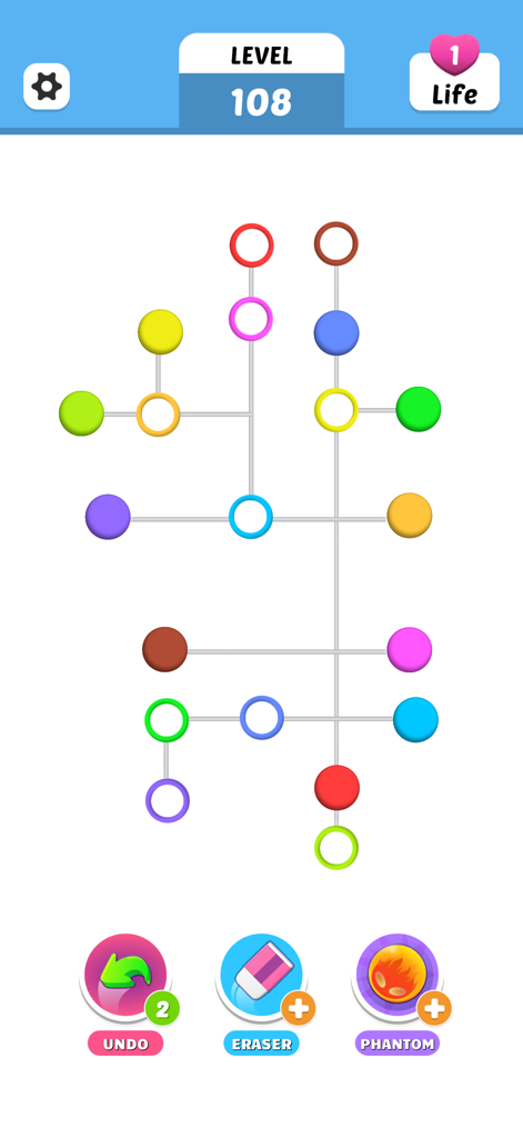 Color Dots! - Gameplay screenshot of Color Dots puzzle game showing level 108 with colorful dots and sorting paths