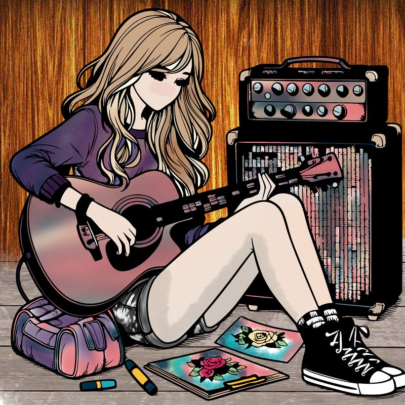 realistic girl playing guitar while sitting on an amp