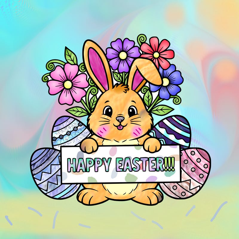 a bunny with eggs surrounding the bunny and the bunny holding a sign that says happy easter!!! and there are flowers where the bunny’s ears are