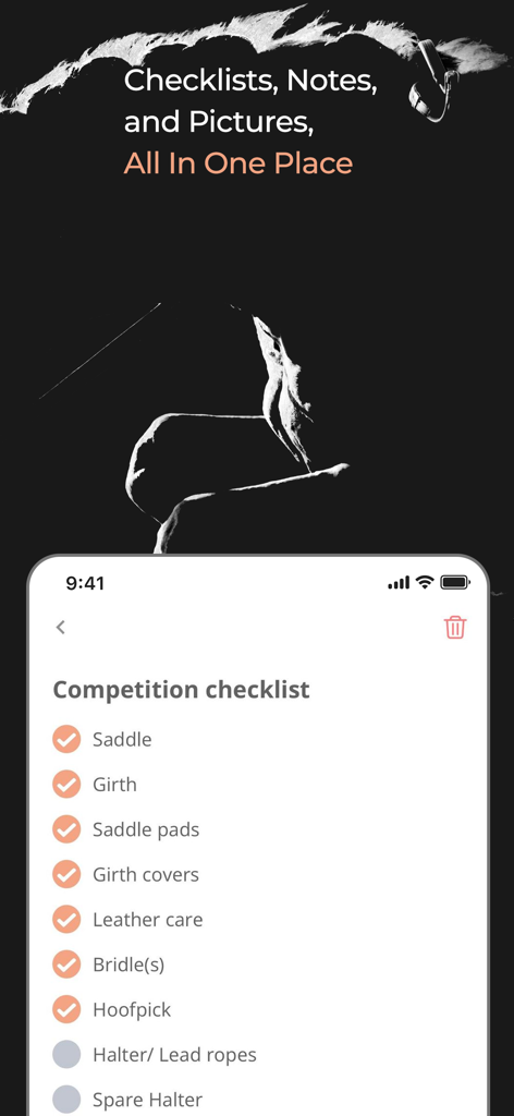 HÆSTR: Horse Care App - HÆSTR horse care app interface showing a competition checklist for equestrian equipment