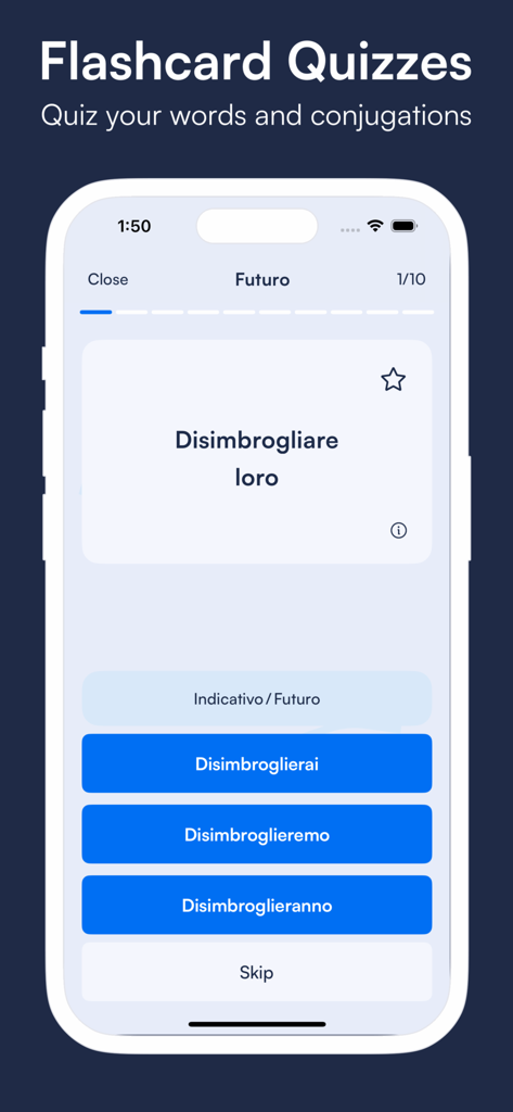 Vurbit: Learn Italian Fast - A flashcard quiz in the Vurbit app showing a multiple choice question for Italian verb conjugation.