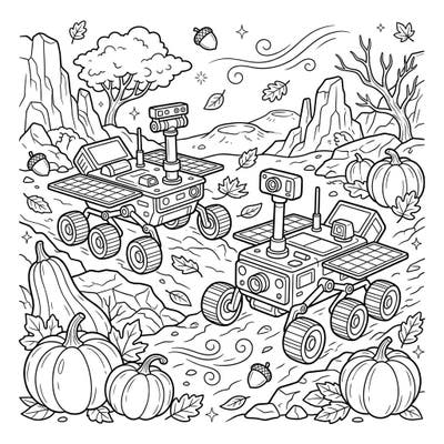 Prepare for an extraordinary journey as sturdy Mars rovers navigate a whimsical autumn landscape, bustling with fallen leaves, plump pumpkins, and scattered acorns. This unique coloring page invites you to blend scientific exploration with the cozy charm of the fall season.