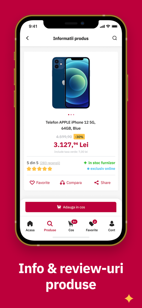 Altex - Product details page of the Altex app showing an iPhone 12 with price and ratings