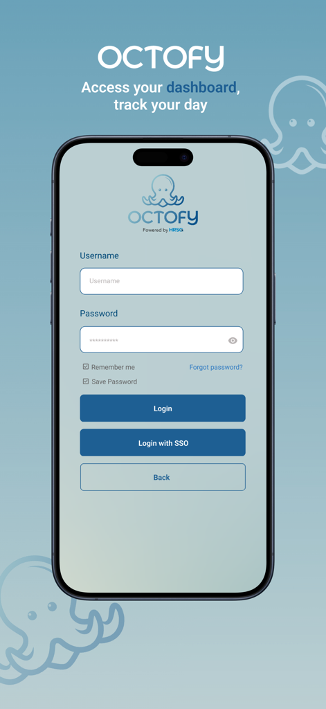 Octofy - Tela de login do aplicativo Octofy com opções de nome de usuário, senha e SSO