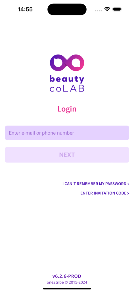 Beauty CoLAB - Login screen for the Beauty CoLAB app featuring a field for email or phone number and a next button.