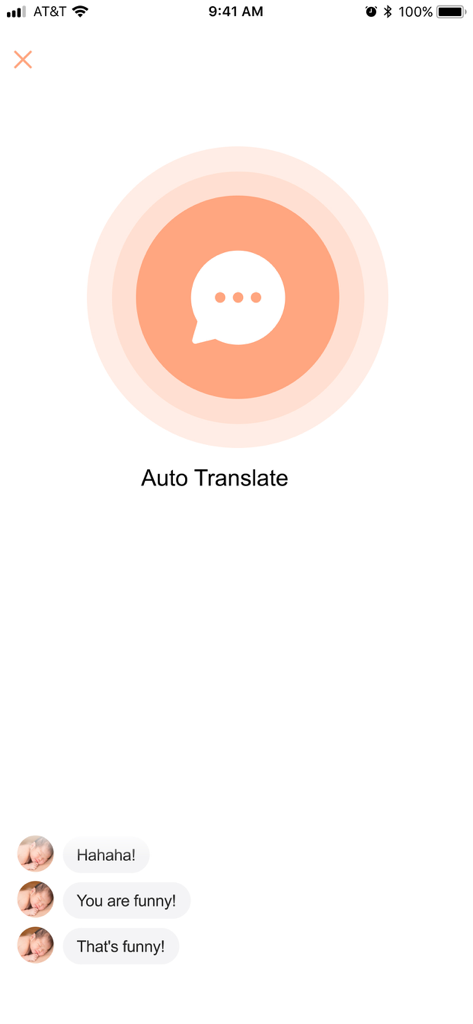 BabyTalk Translator - Interfaz de la app BabyTalk Translator con la función de Traducción Automática y risas de bebé traducidas en burbujas de chat