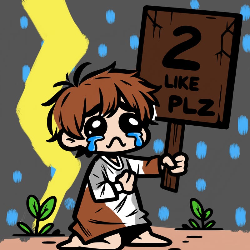 small poor toddler crying with sign that says 2 like plz