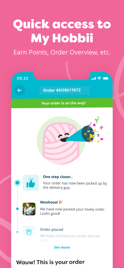 Hobbii app interface showing real-time order tracking and delivery status for knitting supplies.
