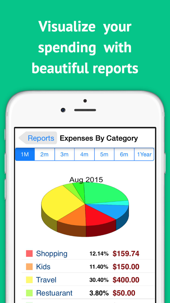 A 3D pie chart showing monthly expenses by category in the Checkbook Ledger app.