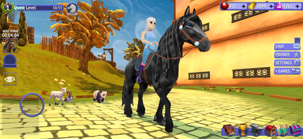 A female character riding a black horse through the rustic town of Meadowcroft with pet companions.