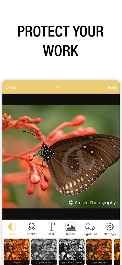 Watermark Maker: Add Signature - App interface showing a butterfly photo with a professional watermark and branding options
