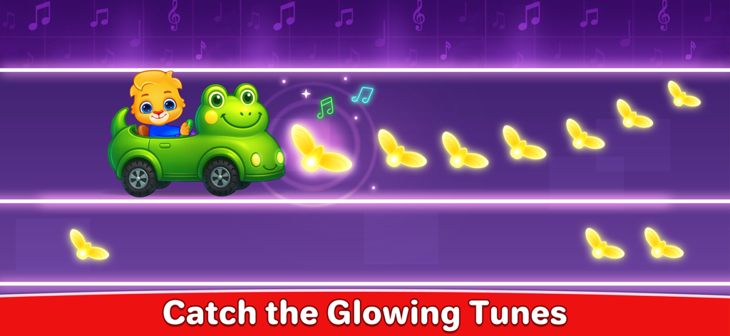 Kids Music: Piano, Xylo, Drums - Personaje de dibujos animados conduciendo un coche rana y atrapando notas musicales brillantes