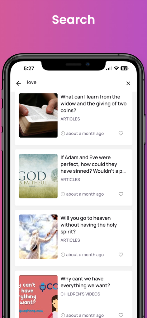 Eine Suchoberfläche innerhalb der Bibel-Antworten-App, die Ergebnisse für theologische Artikel und Videos für Kinder anzeigt.