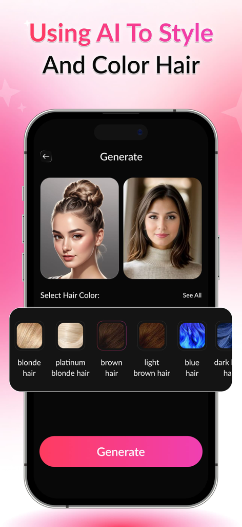 Smartphone interface showing AI hairstyle and color selection options with two female portraits