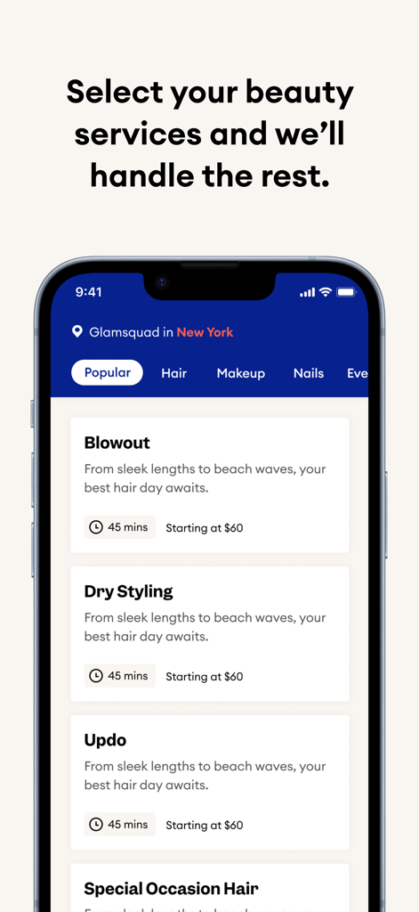 Glamsquad: On-Demand Salon App - Mobile app screen for Glamsquad showing beauty service options for hair like blowouts and updos